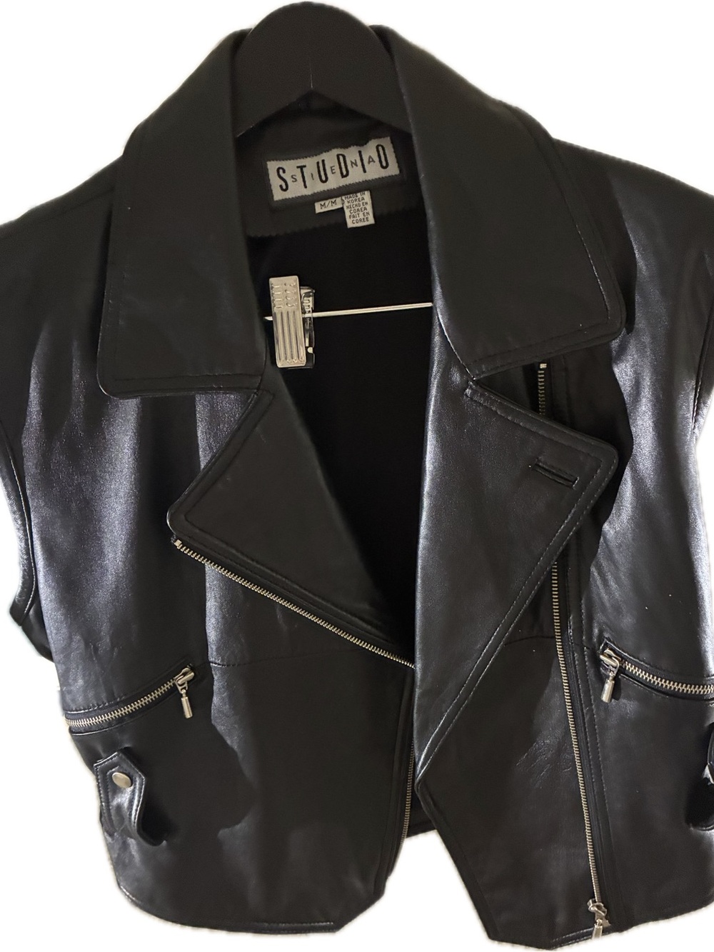 Studio Black Leather Moto Vest with Asymmetric Zip and Zip Pockets